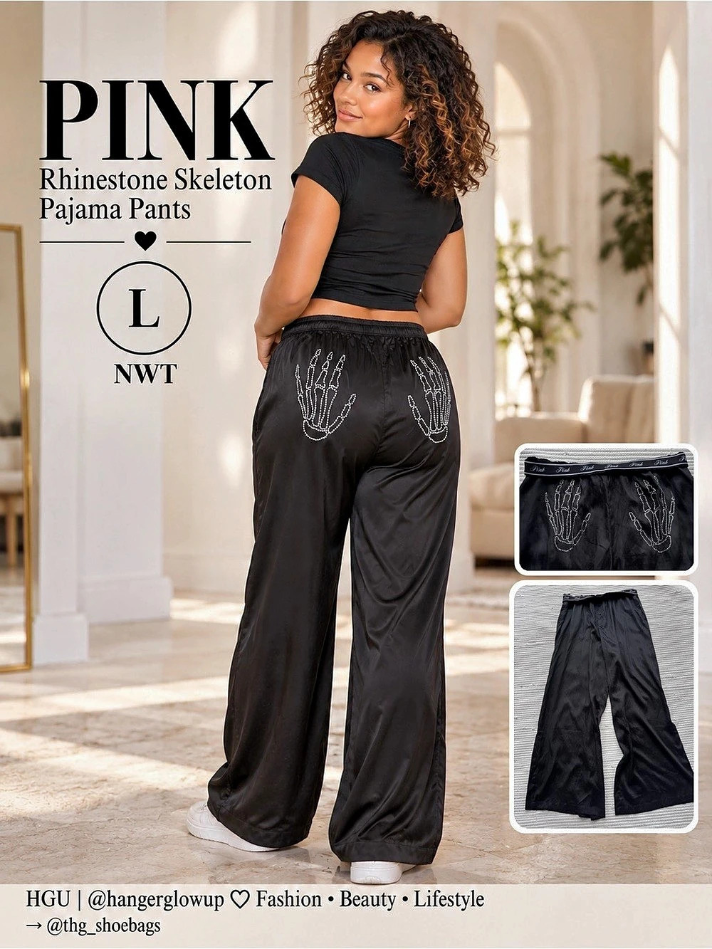 PINK Victoria’s Secret Rhinestone Skeleton Hands Silky Pajama Pants L NWT